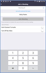 The Android phone Zoom app's Join a Meeting screen, showing the phone's number pad.