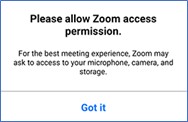 The Android phone Zoom app's pop-up requesting permission to access your phone's microphone.