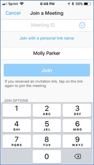 The iPhone Zoom app's Join a Meeting screen, showing the phone's number pad for entering the Meeting ID.