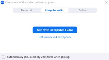 The Zoom application's Audio Options screen with 'Join with Computer Audio' selected.